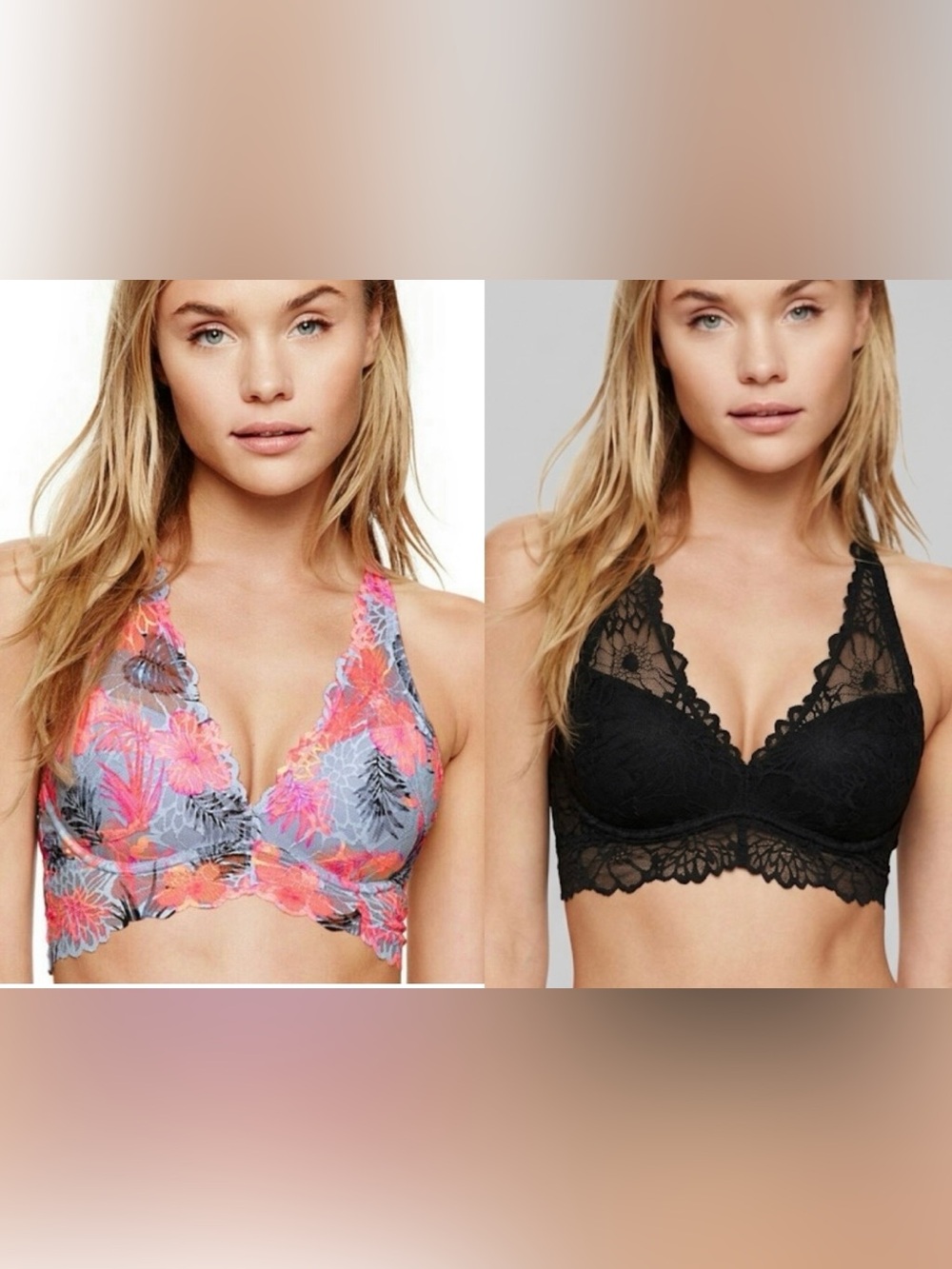 Bundle of 2 Victoria's Secret Pink Floral Padded Push Up Lace Bralettes-Medium